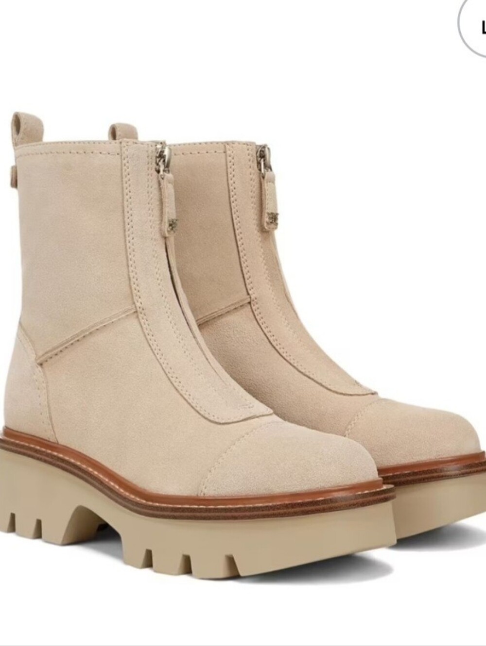 Sam Edelman Women's Cooper Zip-Up Chelsea Beige Suede Front-Zip Lug Sole Booties